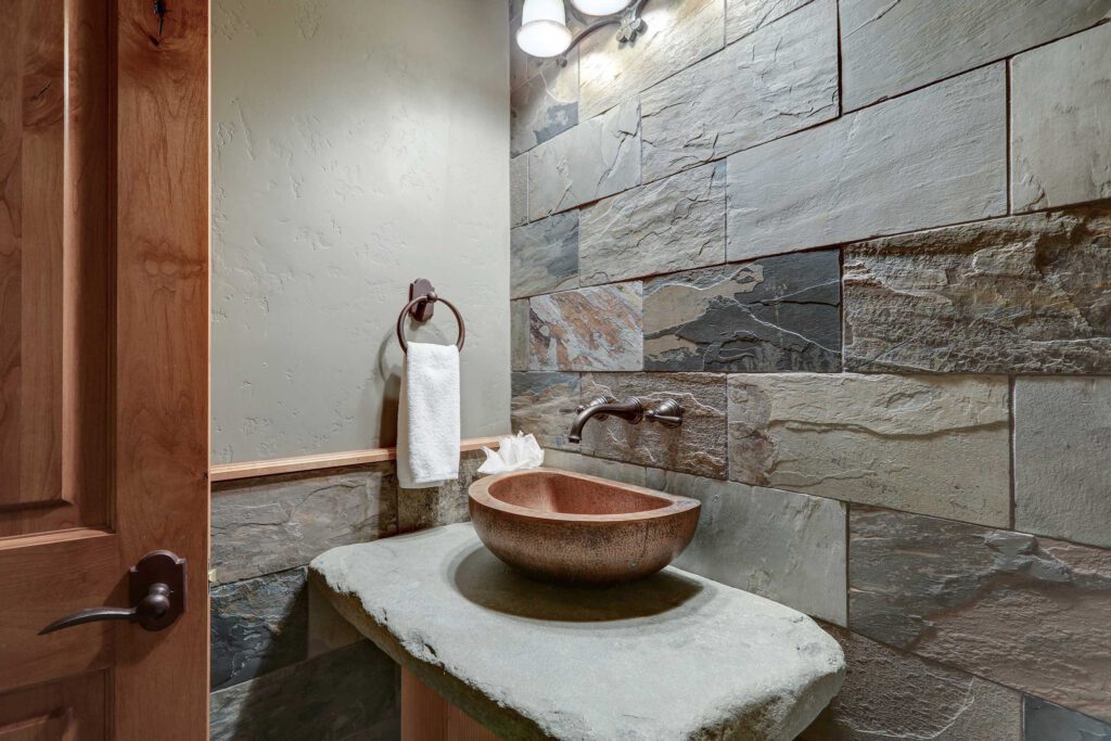 Custom stone and wood bathroom